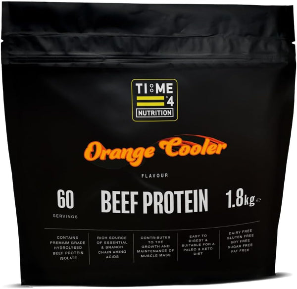 Time 4 Beef Protein Hydrolysed Beef Protein Isolate Gluten Free, Soy, Fat & Sugar Free - Virtually Carb Free, Delicious Fruity Flavours 60 Servings (1.8Kg, Orange Cooler)