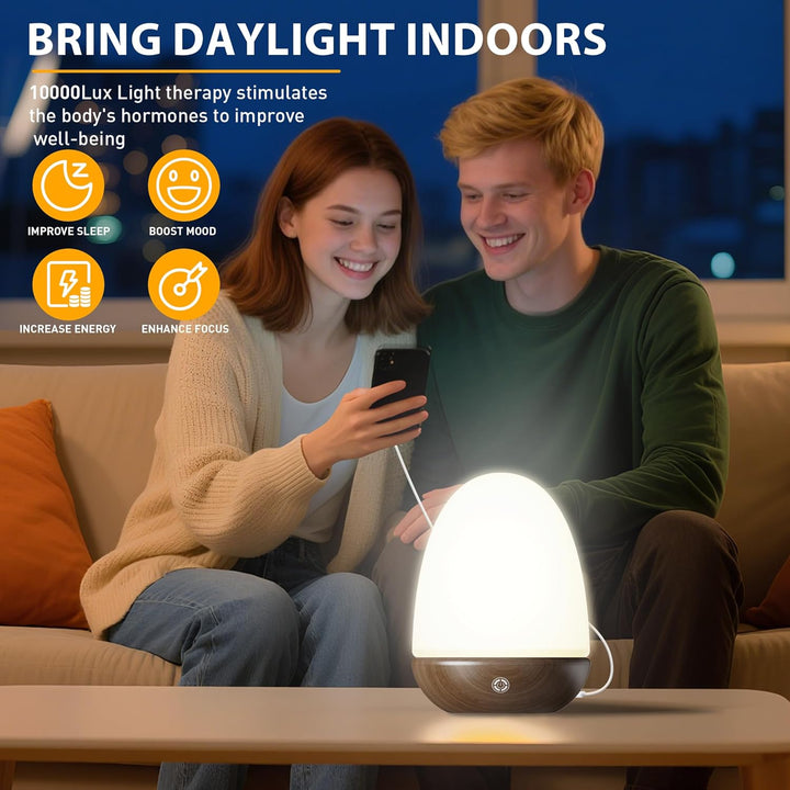 SAD Lamp, Sun Light Lamp Simulation of Daylight at 10000 Lux, Full Spectrum Light with Remote, Dimmable, and 3 Color Temperature to Regulate Day/Night Rhythm, Walnut Wood Grain