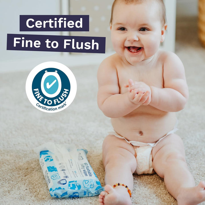 Eco Flushable Baby Wipes - 1 Pack (60 Wipes) 100% Plastic Free, 99% Water, Suitable for Sensitive, Eczema Prone Skin, Newborn Baby & Toddlers, Biodegradable, Vegan, Potty Training