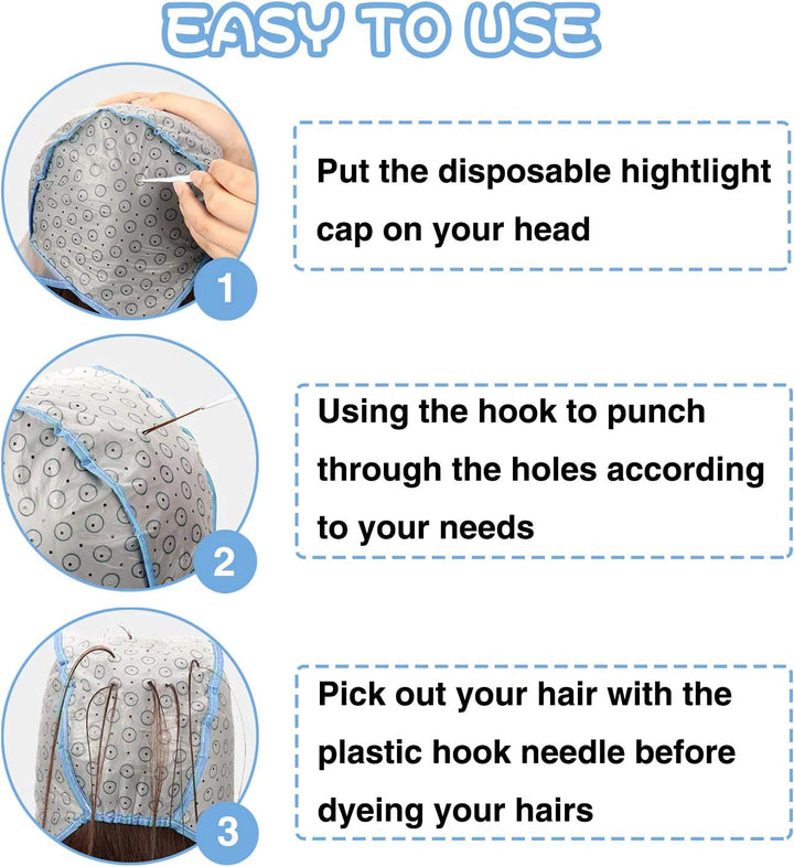 Hair Highlights Coloring Dye Tool Set, 2 Hair Disposable Tipping Frosting Cap, 2 Hook Needle with Hair Coloring Brush and Hair Dye Comb Set for Salon Home Use Hair Coloring Supplies