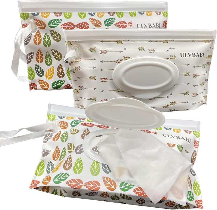 Portable Wet Wipe Pouch Dispenser (2 Pack), Reusable Baby Diaper Disposal Bags, Refillable Personal Travel Clutch Dispenser Holder | Keeps Wet Wipes Moist (Leaf & Arrow Pattern)