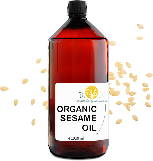 100% Pure and Natural Organic Sesame Oil Extracted from the Cold Pressing of Sesame Seeds. Certified Organic. Skin and Hair Care. Ayurveda Massage Oil - 1000 Ml 1 L 35.2Fl Oz