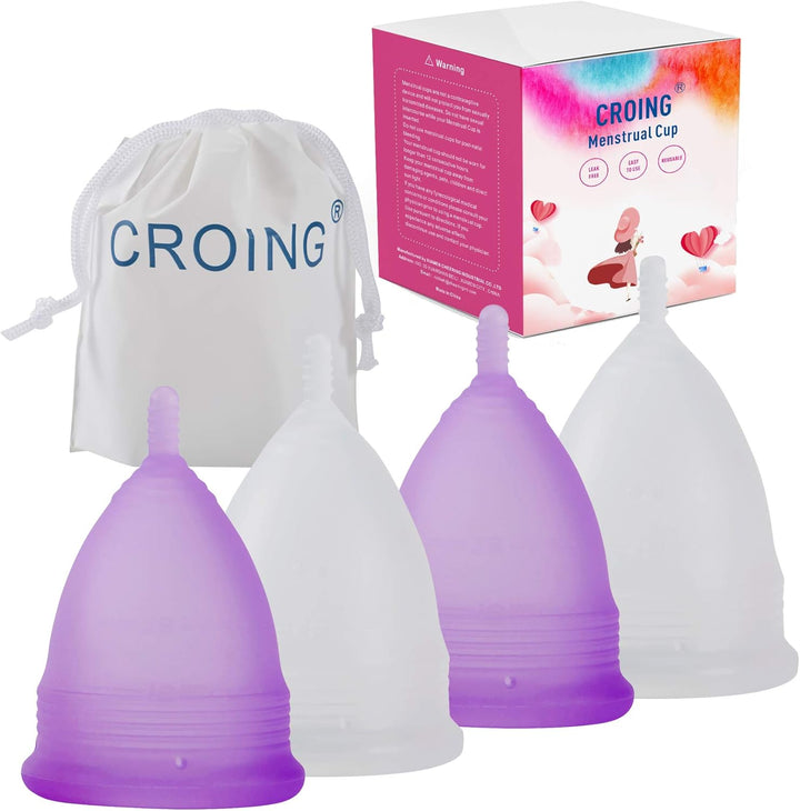 Reusable Menstrual Cups Set of 4, Period Cup, 2 Pcs Small and 2 Pcs Large (Purple and White)
