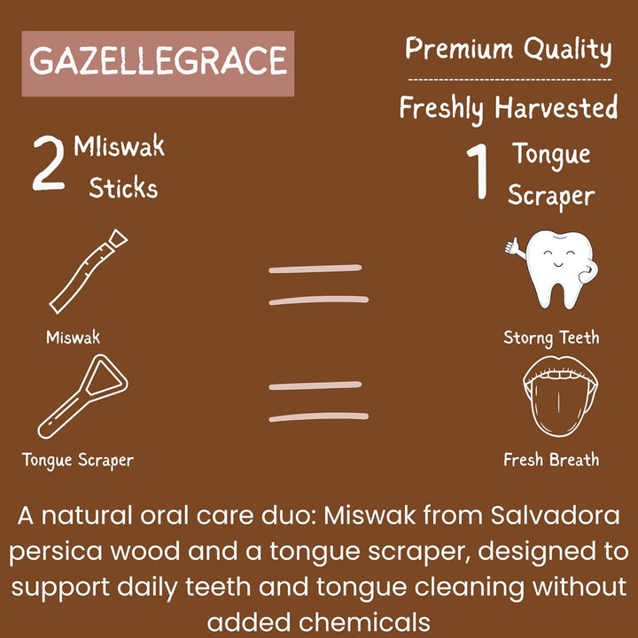 Miswak Stick Oral Care Kit – 2 Miswak with 2 Holders & 1 Stainless Steel Tongue Scraper | Tongue Cleaner for Adults | Eco-Friendly Fresh Breath Support