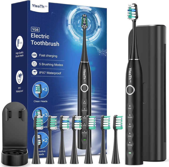 Sonic Electric Toothbrush for Adults and Kids - Sonic Toothbrush with 8 Toothbrush Heads (3 Types) and 5 Modes, 120 Days Battery Life, 50000 VPM, Travel Case and Wall Holder, 2 Minute Timer, USB C