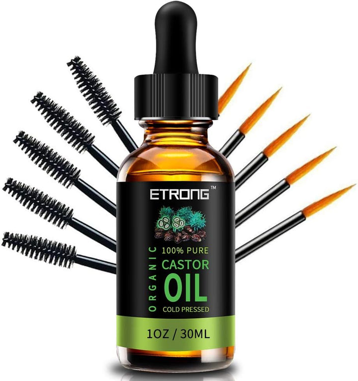 Organic Castor Oil,Pure Cold Pressed Castor Oil for Eyebrows,Eyelashes,Hair Growth,Nails,And Skin with 1 Set of Eyebrow&Eyeliner Brushes (10 Ml)