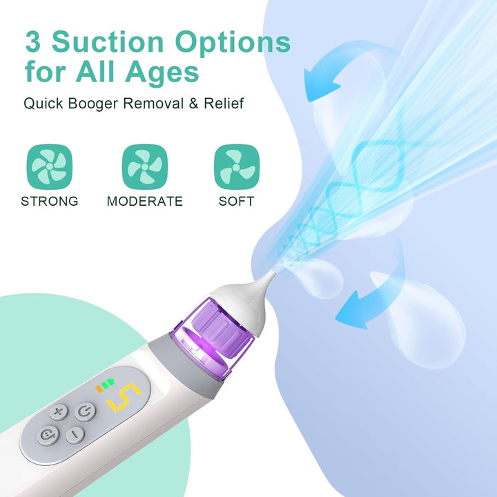 Nasal Aspirator Pro for Baby, Portable Baby Nose Cleaner Sucker with 3 Silicone Tips, Adjustable Suction, Newborn and Child Friendly, Electric Nose Suction, Built-In Music & Light