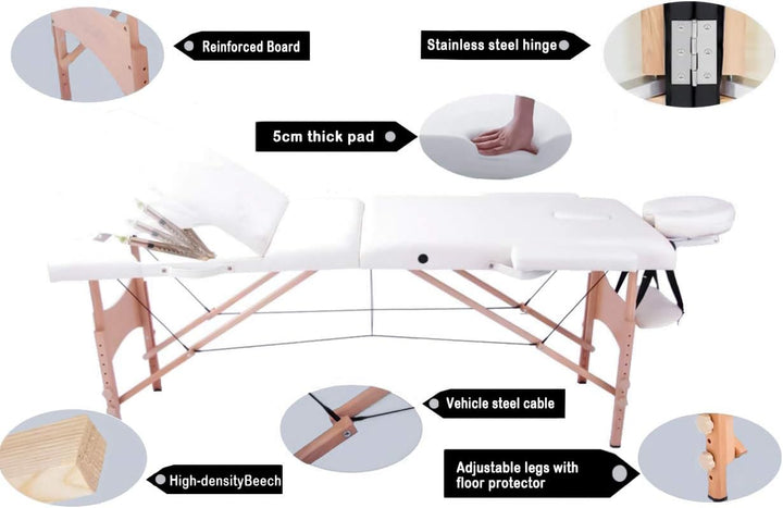 Portable Massage Bed Table - 3-Section Foldable Beauty Couch for Reiki Therapy Treatment Salon Healing - Metal Headrest Support/Carry Bag (Beige White)