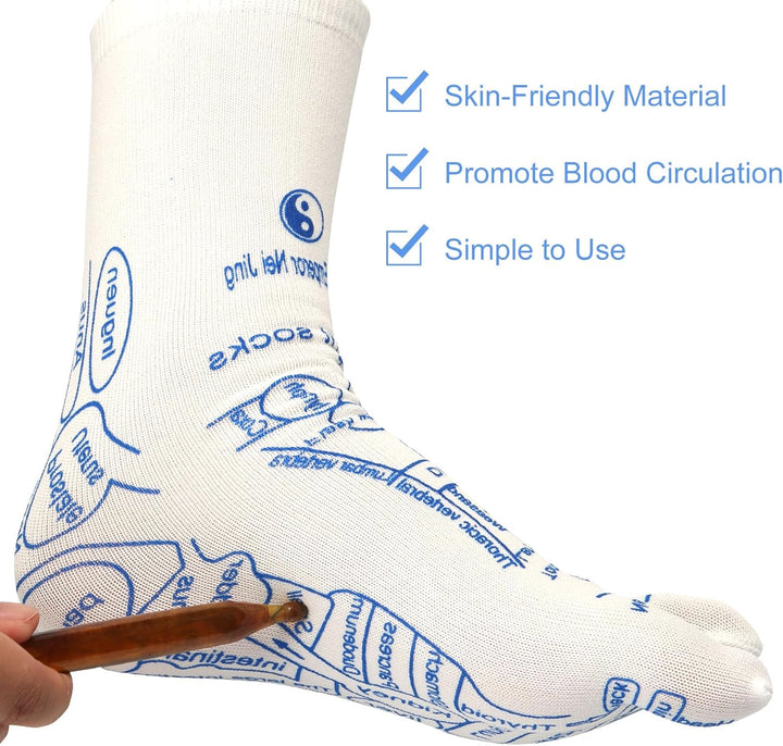 2 Pairs Reflexology Socks Set, Family Pressure Point Foot Massage Socks with Tool Toe Separate Acupuncture Finger-Pressing Charts Kit for Women Men