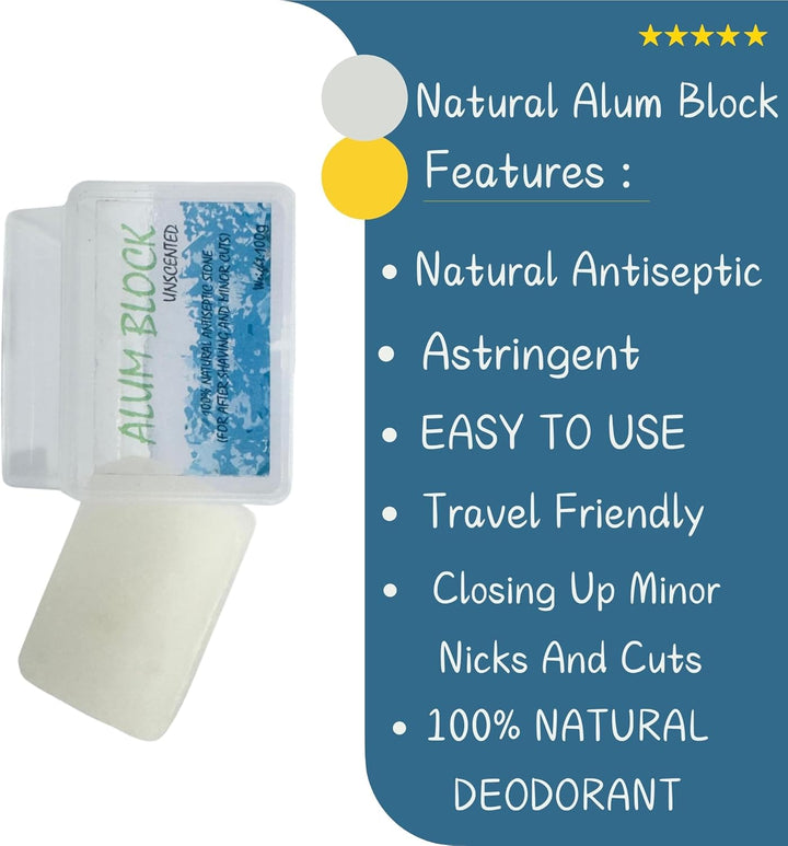 Alum Block Alum Stone Fitkari Natural Aftershave Soothing Solution for Shaving Razor Nicks, Bumps & Skin Irritation- Unscented Deodorant and Antiperspirant for Lasting Protection from Body Odour 100Gm