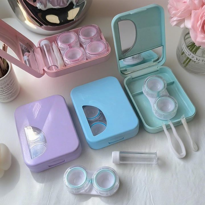 Contact Lens Case Kit for Daily and Outdoor Use, Contact Lenses Applicator Removal Tool Kit with Mirror and Solution Soaking Cases