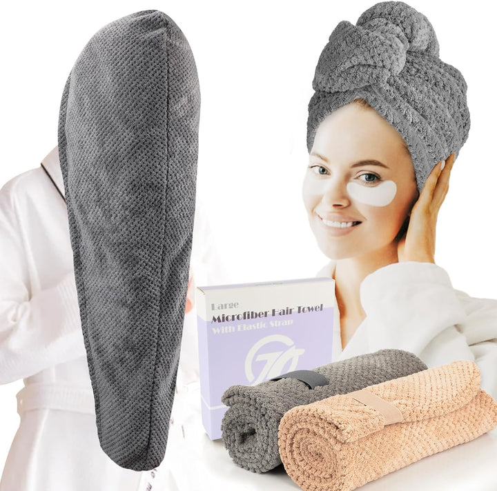 2-Pack Large Microfibre Hair Towel Wrap 86 X 26 Cm, Thicken Super Absorbent Hair Turbans for Wet Hair, Anti-Frizz Hair Drying Towel with Elastic Band for Women Long Thick Curly Plopping Hair