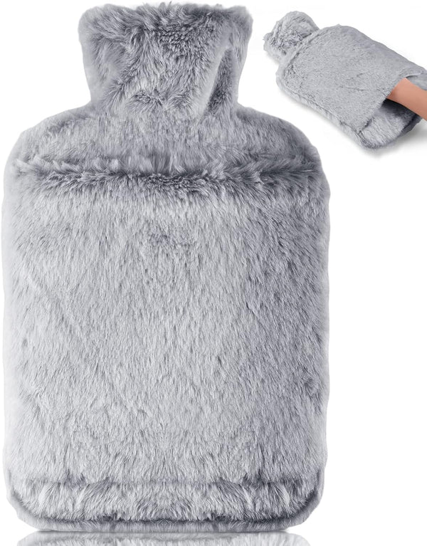 Hot Water Bottle with Luxury Cosy Faux Fur Cover,2L Leakproof Large Hot Water Bag for Neck,Shoulder,Hand Feet Warmer,Gifts for Women,Men(Grey)