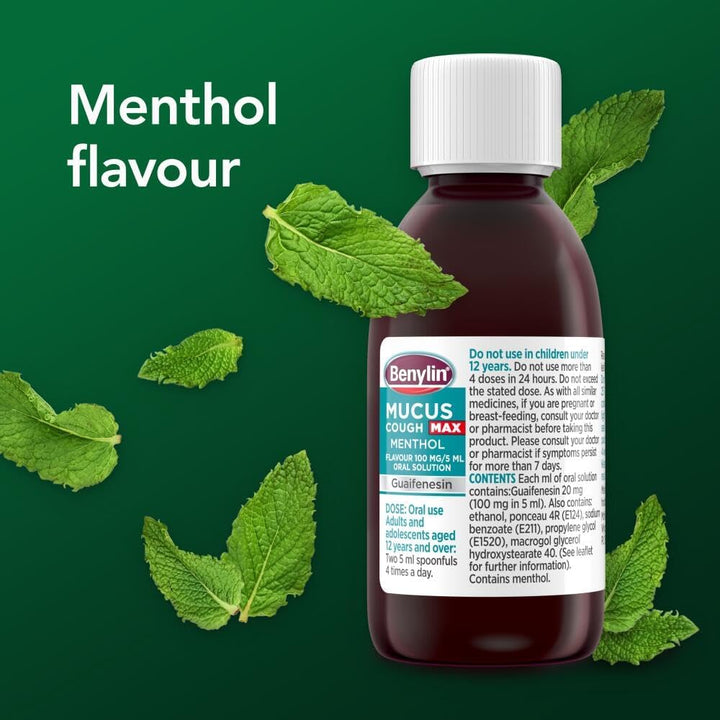 Mucus Cough Max Menthol Flavour, Helps to Clear Chest Mucus from Day 1, Cough Medicine for Adults, 100 Mg/5 Ml Oral Solution, 150 Ml