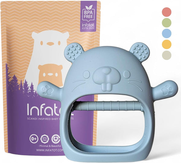 ® Teething Toys for Baby Gifts – Chipmunk Silicone Mitten Teether, Soothing Glove for Infants, Baby Toys 0-6 Months, Soft Chewable Teether Toy to Prevent Finger Sucking, CM Blue