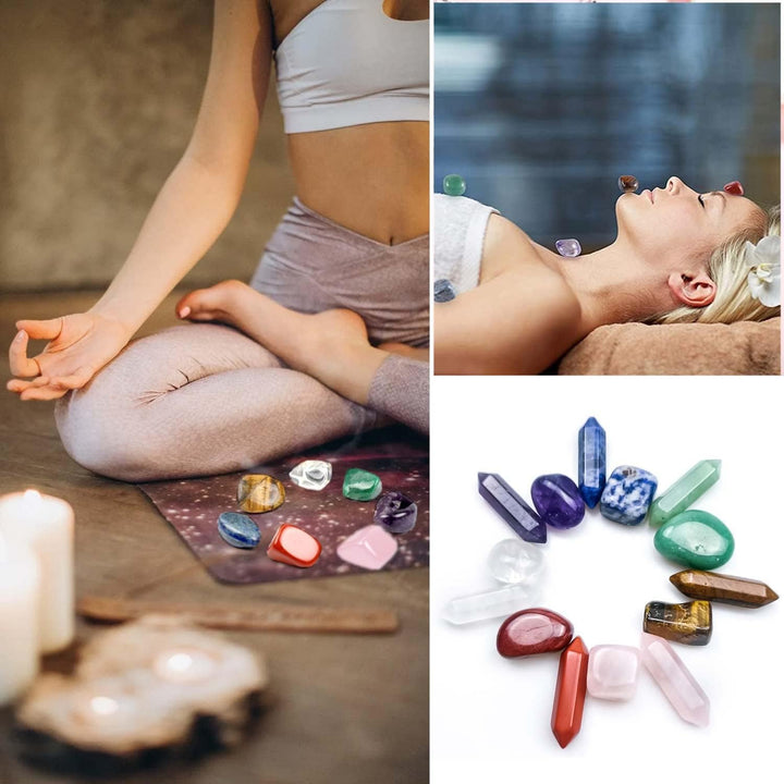 Natural Reiki Gemstone Wand Set in Box, Natural Reiki Gemstone Wand Set for Meditation Crystal Therapy Anxiety Relief Balancing Yoga Crystals and Gemstones for Beginner(14Pcs)