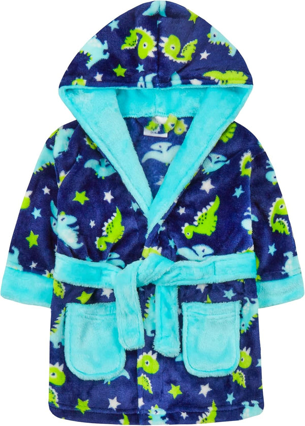 Baby Boys Dino Dressing Gown Hooded Bathrobe Kimono Robe Dinosaur Print Size 6-24 Months