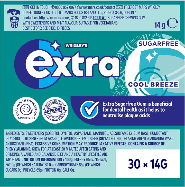 Wrigley'S Extra Chewing Gum, Cool Breeze Mint Flavour, 30 Packs of 10 Pieces, Sugar Free Bulk Pack Gum with Xylitol (300 Pieces)