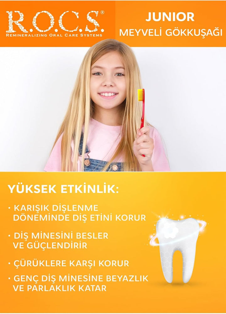 (ROCS) Toothpaste Junior (6-12 Y.O.) Fruity Rainbow 74 G - Fluoride Free - Safe Formula - Safe If Swallowed - Protection against Caries - Remineralization - Protection for Permanent Teeth