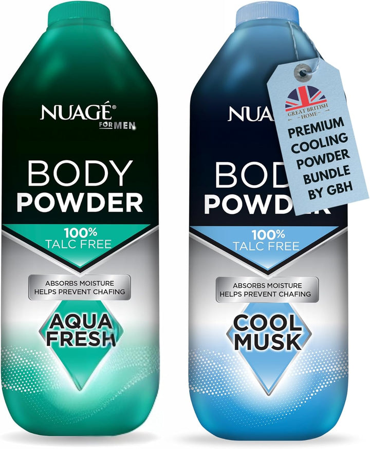 New Nuage Talc Free Body Powder for Men Bundle – 250G Cool Musk & 250G Aqua Fresh – 2 Pk Talc Free Powder for Women & Men – Anti-Chafing & Fresh Skin by GBH