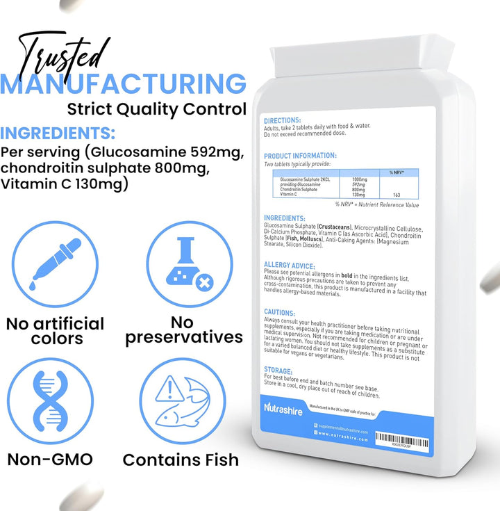 Glucosamine and Chondroitin High Strength Complex 180 Tablets - Vitamin C Joint Care Supplements for Cartilage, Bones, Fatigue & Immune Support – Made in the UK