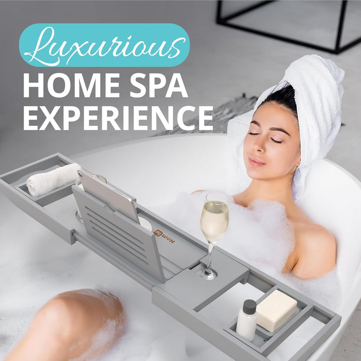 Bamboo Bath Tray - Extendable Bath Caddy - Natural Wooden Bathtub Tray with Candle, Wine Glass, Book Rest, Ipad & Phone Holder Stand - Luxury Bathtub Accessories - Bath Accessories (Grey)