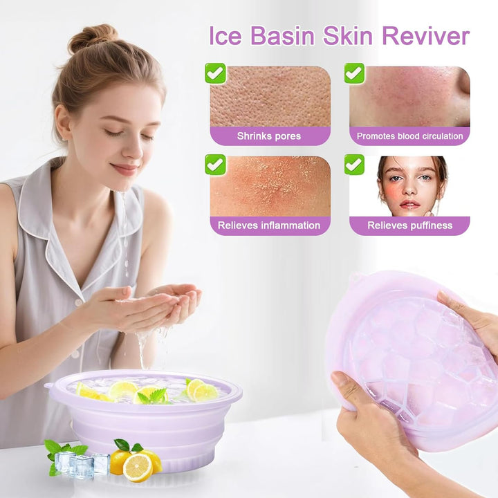 Silicone Ice Bowl for Face, Foldable Face Bowl with Built-In Icetray, Portable Quick Cooling Facial Washing Basin for Soothe Skin, Wash Basin for Home Use or Travel (Purple)
