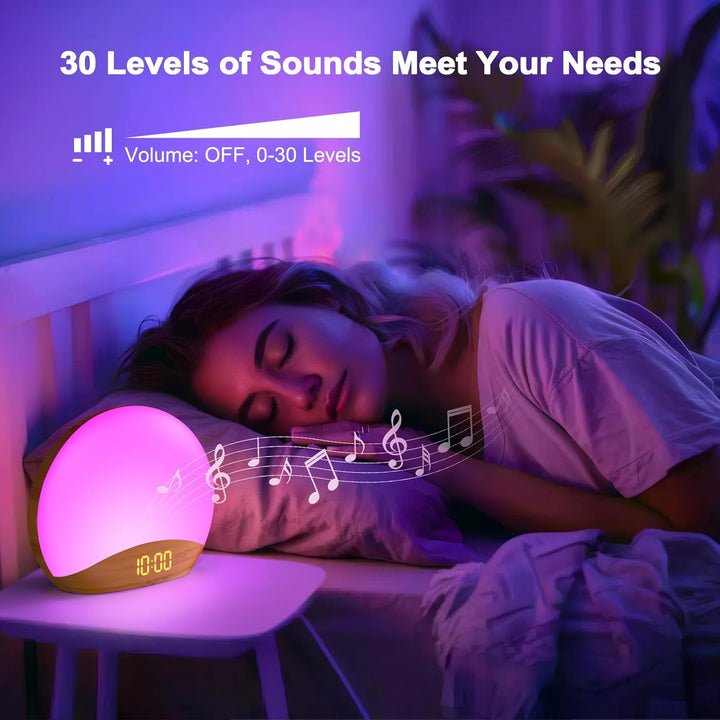 Wood Wake up Light Alarm Clock, Sunrise Simulation, Bedside Lamp, White Noise Machine, 8 Colors Nightlight, Digital Dimmable Clock, 26 Natural Sounds, Snooze, Sleep Timer for Kid, Adult