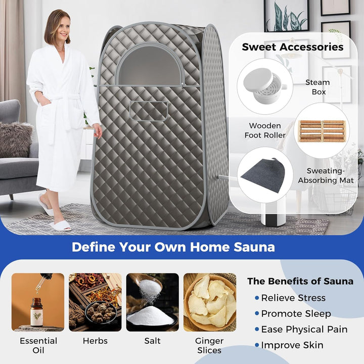 Portable Sauna Steam for Home, Folding Full Body Sauna Tent Steam Room with 3L Steamer Generator, Remote Control & Chair, Pop-Up Personal Home Sauna Pod Box for Therapy Detox Slimming (Grey)