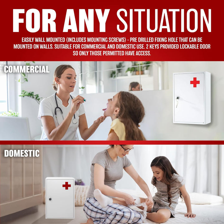 First Aid Medical Cabinet - Use at Home, Office, School, Lab, Medicine Kit | Wall Mounted with Fixings Included | Child Proof & Comes with 2 Keys