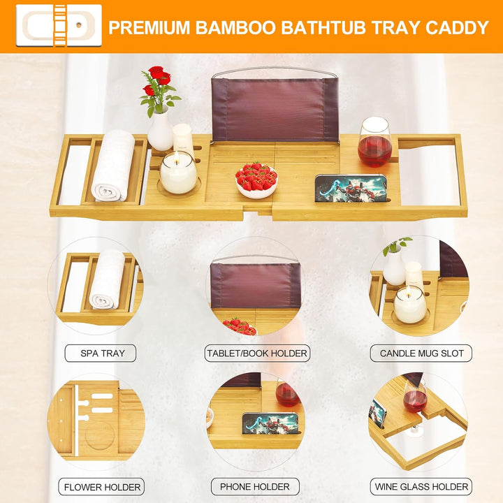 Bath Caddy Tray Expandable - Bath Trays for across the Bath - Bamboo Wooden, Fits Most Bath Tubs