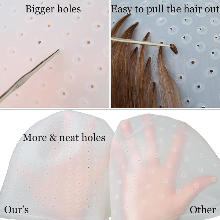 Punched Hole Silicone Highlight Hair Cap with Needle Professional Reusable Highlighting Poked Hole Caps with Hooks for Color Hair Salon Hairdressing Dyeing Staining Tools for Women Men