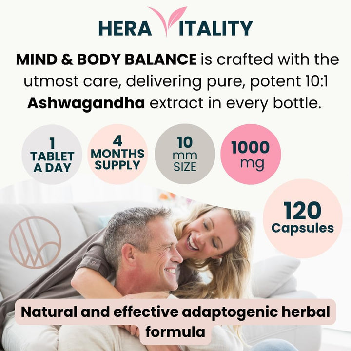 Ashwagandha Mind & Body Balance 1000Mg – Cortisol Detox Reducing Supplement for Stress, Anxiety, Sleep, Hormone Balance, Energy & Focus – 120 Vegan Tablets