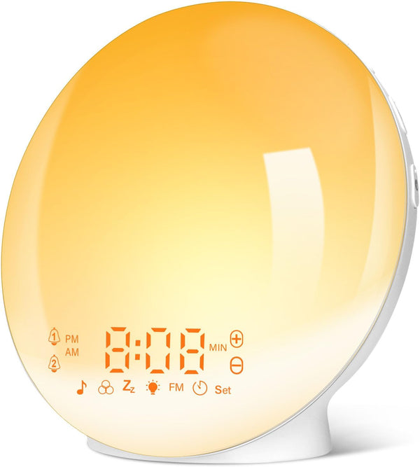 Sunrise Alarm Clocks, Wake up Light with Sunrise/Sunset Simulation Dual Alarms Bedside Night Lamp Snooze Function FM Radio 7 Natural Sound 11 Colorful Atmosphere Lamp(White)