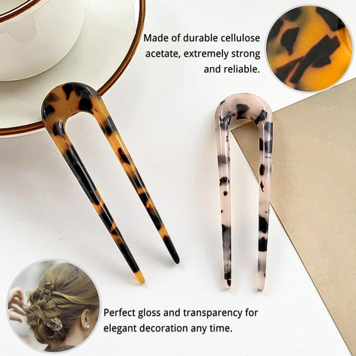 4 PCS French Hair Pins U-Shaped Hair Pins Delicate French Twist Pins for Variety Occasions Gold and Silver Hair Clips Dark and Light Tortoiseshell Clips for Women and Girls (Metal and Acetate)