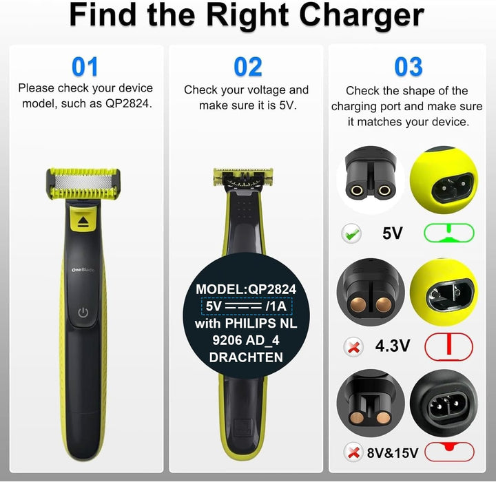 5V Shaver Charger Compatible with Philips One Blade QP2824, QP2834, QP2724, QP2734, QP1924, X3053, MG5910, MG7910, S3145, 3000X, 5000X, MG9510, X5006, PQ888, Charging Shaver Power Cable