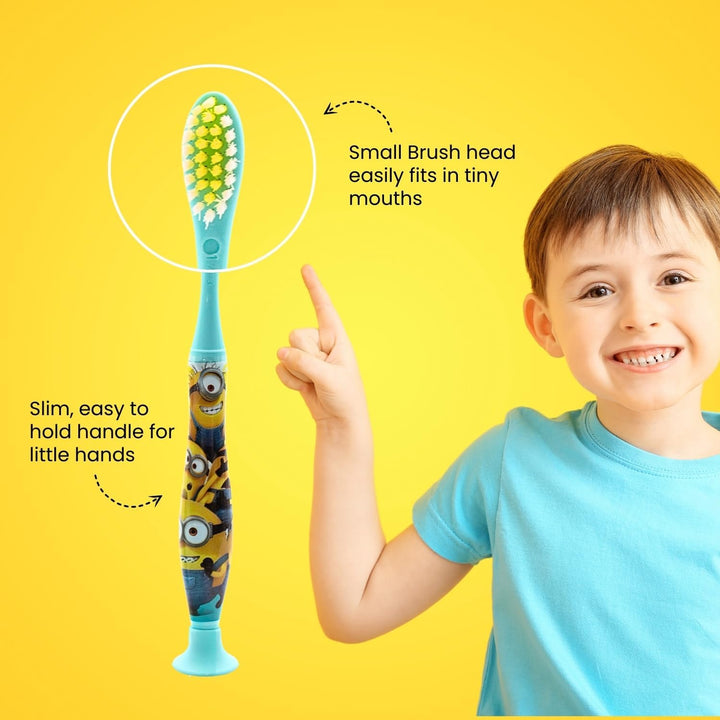 Minions Kids Toothbrush Travel Set – Includes Strawberry-Flavoured Toothpaste & Soft-Bristle Toothbrush with Suction Cup & Protective Cap | Travel-Friendly Oral Care Kit for Children Ages 3+