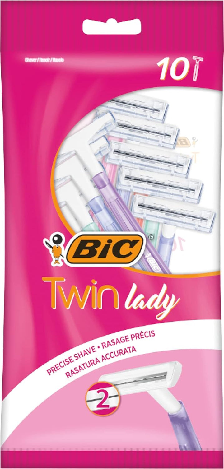Twin Lady, Disposable Razors with 2 Stainless Steel Blades and Lightweight Handles, Assorted Colours, Pack of 10
