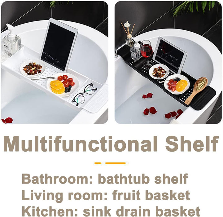 Expandable Drain Bath Shelf Caddy Tray, Multifunctional Plastic Bathtub Tray Bathroom Organizer Simple Stylish Bathtub Storage Rack for Candle Towel, Book, Wine, Phone, Shower (White)