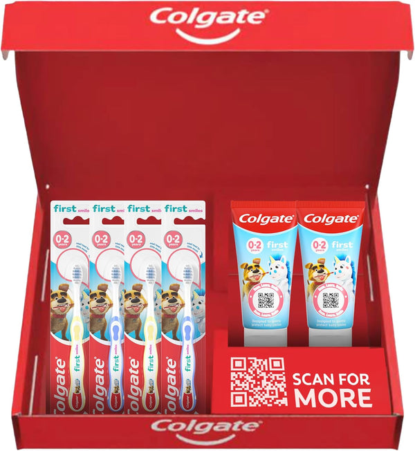 Kids Toothpaste Set 0-2 Years with 2X First Smiles Toothpaste 50Ml & 4X Kids Toothbrushes 0-2 Years - Protects Milk Teeth - Dentist Recommended Level of Fluoride