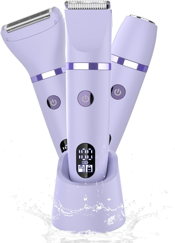 3-In-1 Electric Razor IPX7 Waterproof Bikini Trimmer Wet & Dry Use Painless Personal Trimmer Groomer for Ladies Face Body Legs Bikini Public Hairs Electric Lady Shaver with Replaceable Heads
