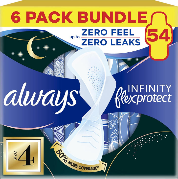 Infinity Flexprotect Sanitary Towels, Size 3 Night, 6 Packs of 10 Count, Unscented, for up to Zero Feel & Zero Leaks, Super Absorbent & Flexible Protection