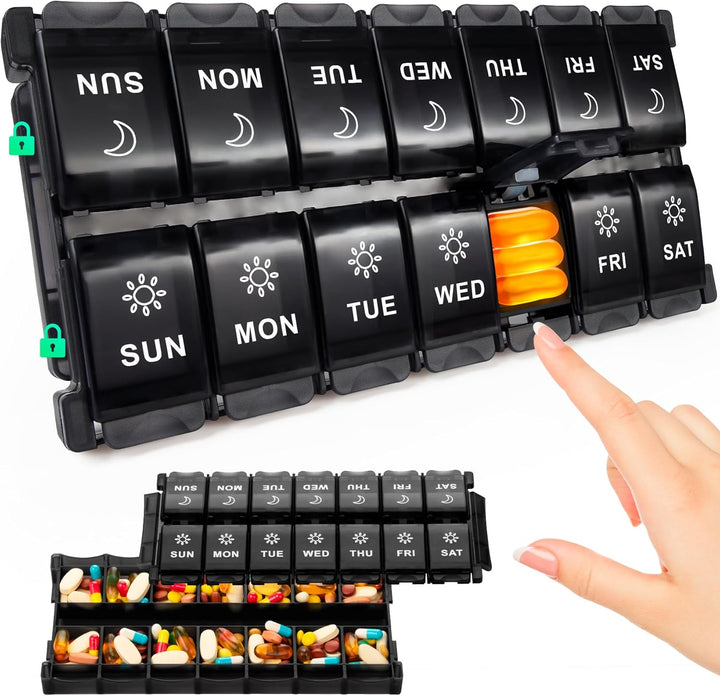 7 Day Pill Organiser 2 Times a Day, Weekly Pill Box Push Button 2 in 1 Design, Large Tablet Box for Travel, BPA Free Daily Pill Case, Pill Boxes 14 Day for Vitamin/Fish Oil/Supplements/Medication