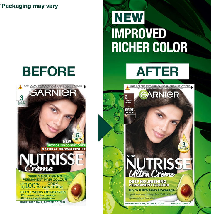 Nutrisse Ultra Crème Vegan Hair Dye, 3 Darkest Brown. Ensures 100% Grey Coverage and Intense, Rich 8-Week Colour. This No-Ammonia, Vegan Formula Provides a Deep, Beautiful Dark Shade.