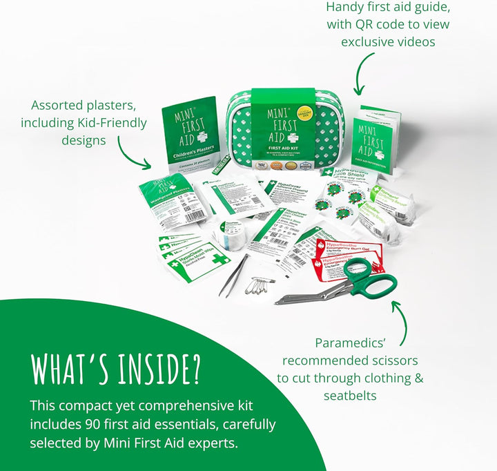 Kit - 90 Items Kids First Aid Kit Includes Plasters, Bandages, Scissors, Tweezers & Burn Gel – for Car, Home, Office, Travel & Camping - Ideal for Babies & Kids – as Seen on Dragons Den