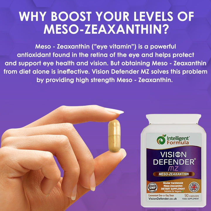 Meso Zeaxanthin Supplement - VISION DEFENDER MZ – High Strength Eye Vitamins Nutrients & Antioxidant Carotenoid for Ocular Health, Eye Care & Eyesight Support –Vegan (90 Capsules/One-A-Day) Made in UK