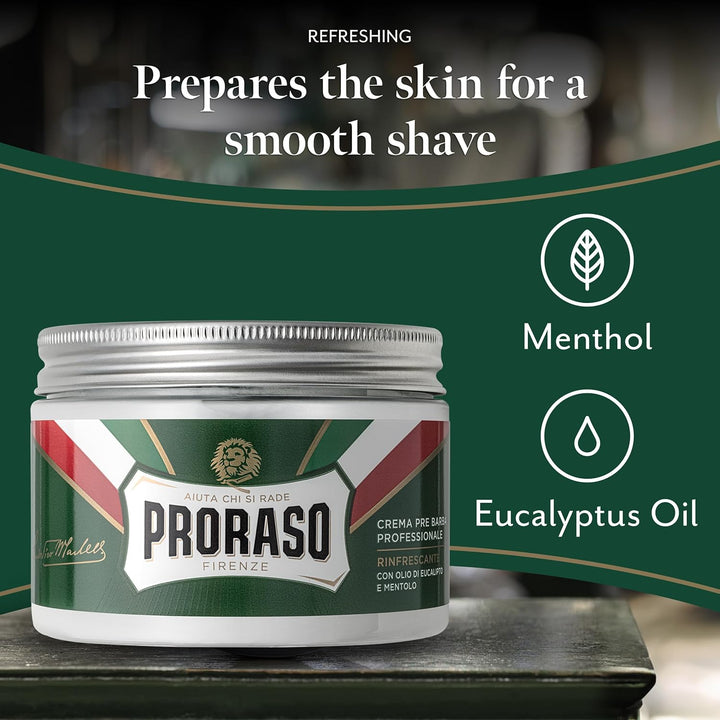 Pre Shave Cream, 300Ml, Refreshing Pre Shaving Cream for Men with Eucalyptus Oil and Menthol, Made in Italy, Green
