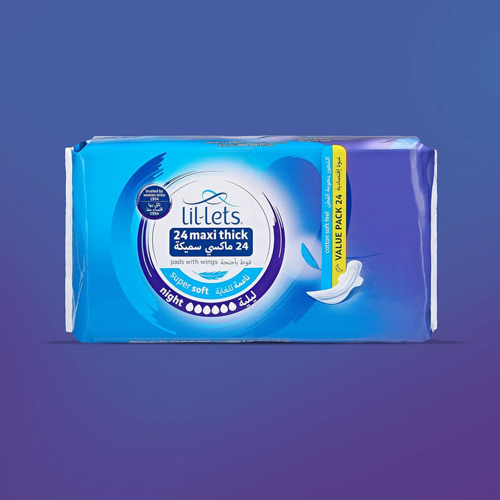 Maxi Thick Period Pads X 24, Night Absorbency, with Wings, 1 Pack of 24 Maxi Pads, for Very Heavy/Extra Heavy Overnight Flow, Unscented, Nightime Sanitary Towel (Packing May Vary)