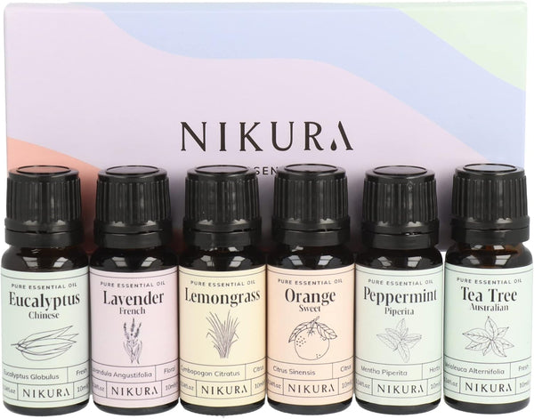 Starter Kit Essential Oil Gift Set - 6 X 10Ml | Essential Oil for Diffuser for Home, Aromatherapy, Strong Fragrance, Sleep | Eucalyptus, Lavender, Lemongrass, Sweet Orange, Peppermint, Tea Tree