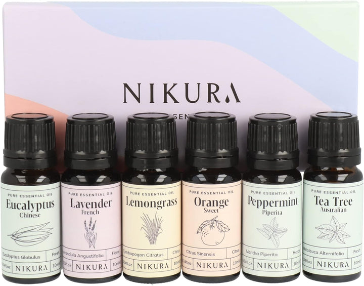 Starter Kit Essential Oil Gift Set - 6 X 10Ml | Essential Oil for Diffuser for Home, Aromatherapy, Strong Fragrance, Sleep | Eucalyptus, Lavender, Lemongrass, Sweet Orange, Peppermint, Tea Tree